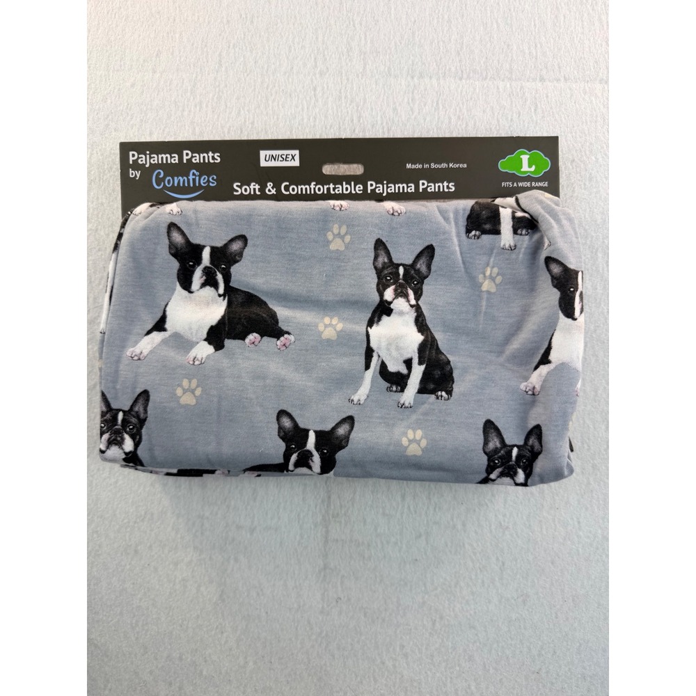 Comfies Boston Terrier Pajama Pants Blue Unisex Dog Print Lounge Bottoms L NEW